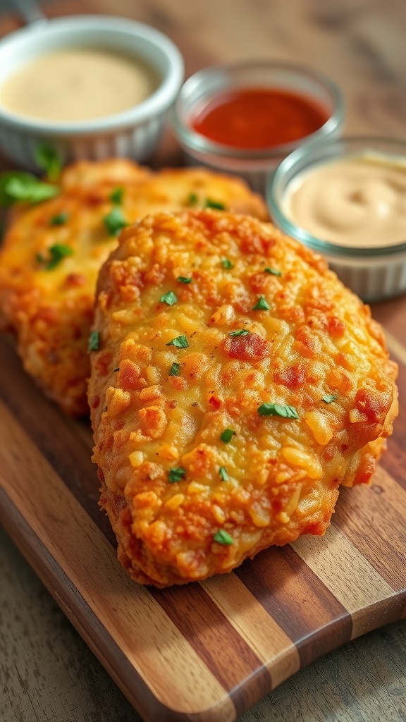Crispy fried chicken on a wooden platter with dipping sauces.